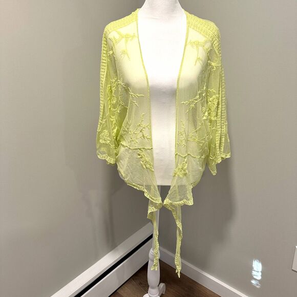 Rachel Zoe Tie Front Neon Yellow Lace Kimono/Cover Up - Picture 4 of 4